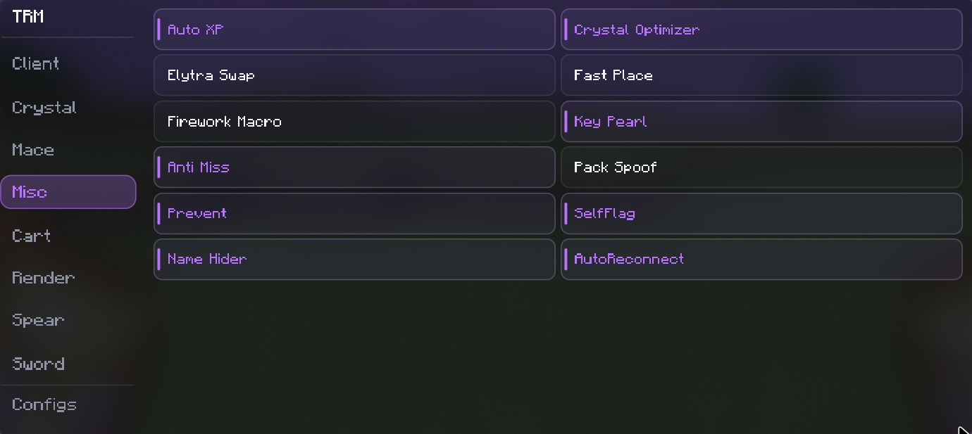 The TRM menu on the Misc tab: enabled modules have an accent bar and colored name.